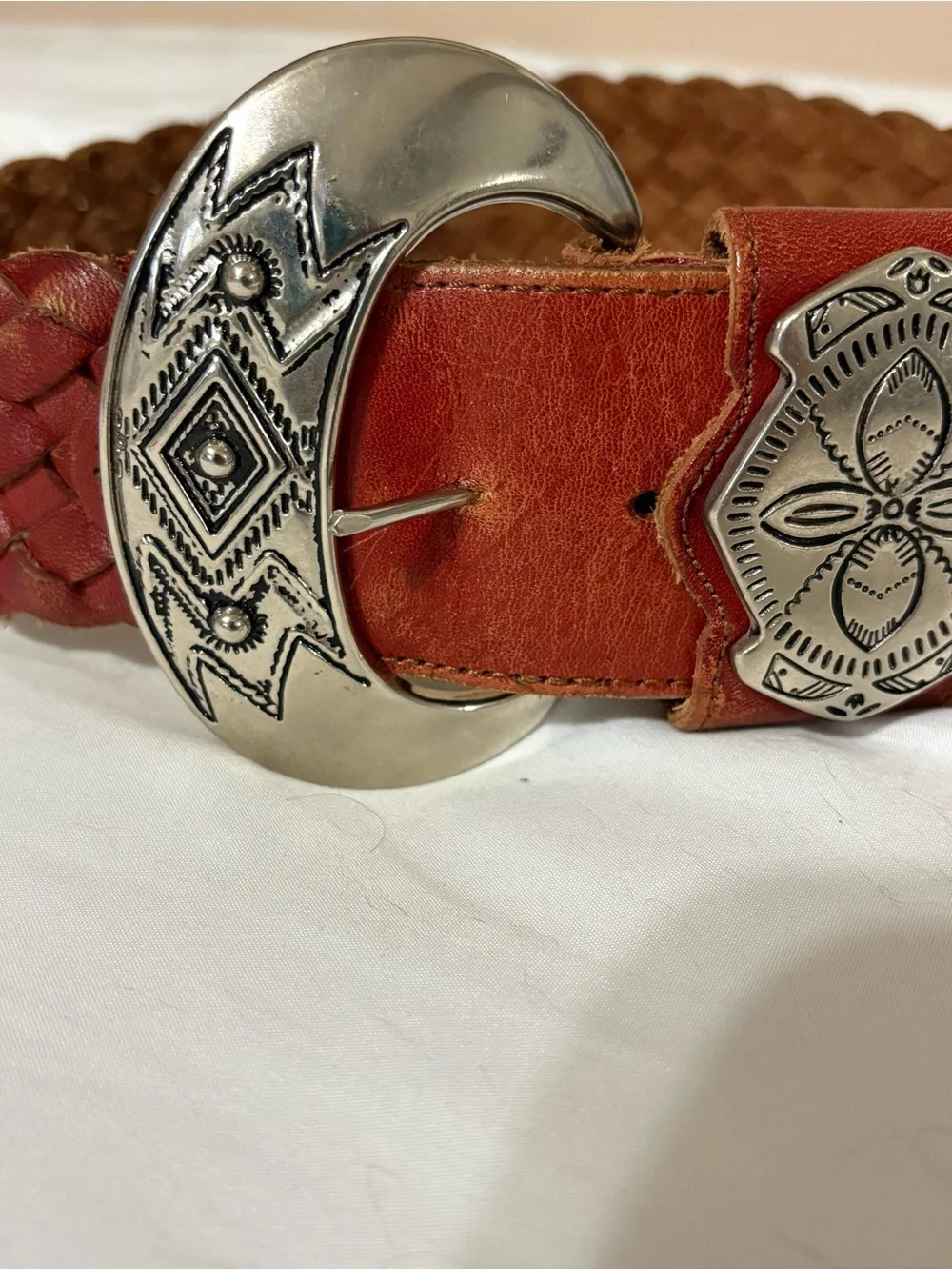 Vintage Woven Leather Belt with Crescent Shaped Silver Buckle
